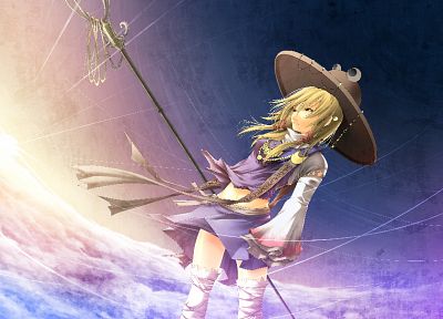 blondes, clouds, Touhou, skirts, weapons, Goddess, thigh highs, yellow eyes, Moriya Suwako, navel, jewelry, torn clothing, staff, skyscapes, hats, anime girls, detached sleeves - random desktop wallpaper