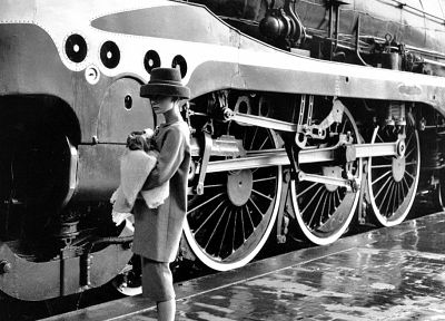 dogs, trains, Audrey Hepburn, grayscale - desktop wallpaper