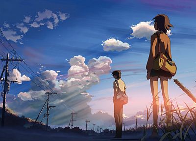 boy, women, clouds, skylines, Makoto Shinkai, 5 Centimeters Per Second, lovers, anime, skyscapes - random desktop wallpaper