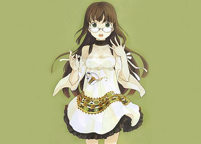 dress, glasses, green eyes, simple background, anime girls, H2SO4 (Illustrator) - related desktop wallpaper