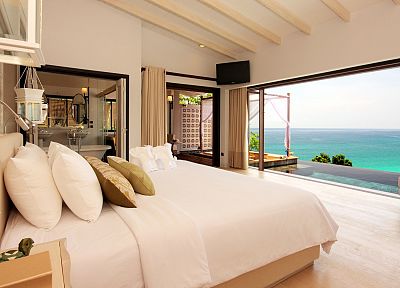 beds, paradise, islands, interior, pillows, bedroom, sea - random desktop wallpaper