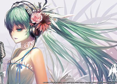 headphones, Vocaloid, flowers, Hatsune Miku, long hair, green hair, anime girls, microphones, Alphonse (White Datura) - related desktop wallpaper