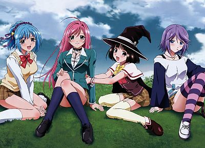legs, school uniforms, Shirayuki Mizore, Akashiya Moka, Kurono Kurumu, anime girls, Rosario to Vampire, Sendou Yukari, striped legwear - desktop wallpaper