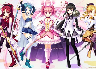 Mahou Shoujo Madoka Magica, Miki Sayaka, Sakura Kyouko, Tomoe Mami, Kaname Madoka, anime, Akemi Homura, anime girls, hair band - random desktop wallpaper