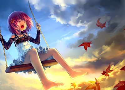 clouds, leaves, skirts, outdoors, pink hair, lolicon, anime, anime girls, Babycat (Artist), original characters - related desktop wallpaper