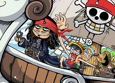 One Piece (anime), Roronoa Zoro, Pirates of the Caribbean, crossovers, Captain Jack Sparrow, fan art, Monkey D Luffy, Nami (One Piece), Sanji (One Piece) - random desktop wallpaper