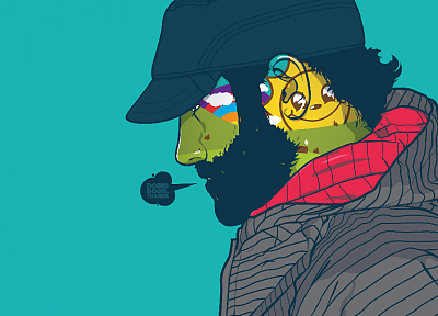 smiley face, beard, artwork, JThree Concepts, blue background, striped clothing, caps, Jared Nickerson - related desktop wallpaper