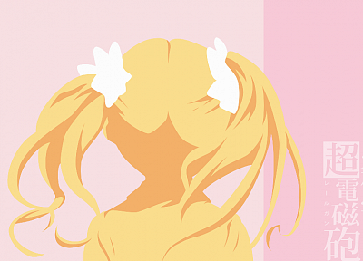 back, text, long hair, Toaru Kagaku no Railgun, twintails, bows, Shirai Kuroko, anime girls, polychromatic, hair ornaments, pink background - random desktop wallpaper
