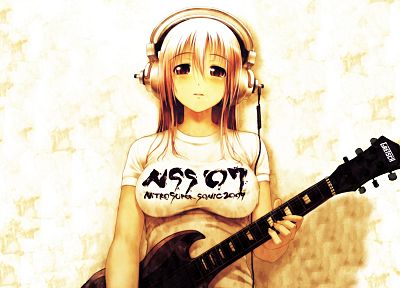 headphones, blondes, guitars, Nitroplus, Super Sonico, anime girls, Tsuji Santa - random desktop wallpaper