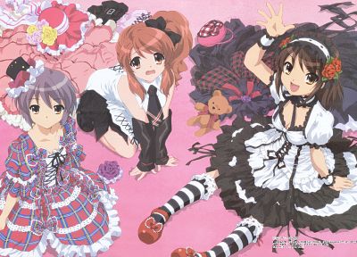 Asahina Mikuru, Nagato Yuki, The Melancholy of Haruhi Suzumiya, anime girls, Suzumiya Haruhi, knee socks, striped legwear - random desktop wallpaper