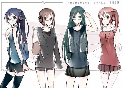 headphones, stockings, redheads, skirts, glasses, green hair, twintails, meganekko, anime girls - related desktop wallpaper