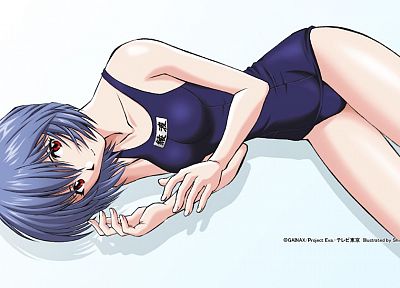 Ayanami Rei, Neon Genesis Evangelion, simple background, school swimsuits, Mizugi Kanojyo - duplicate desktop wallpaper