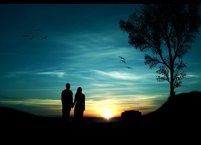 sunset, minimalistic, trees, silhouettes, couple, romantic, blue skies - related desktop wallpaper