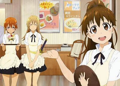 brunettes, blondes, redheads, waitress, Working!! (Anime), blush, Taneshima Popura, anime girls, Todoroki Yachiyo, Inami Mahiru - desktop wallpaper