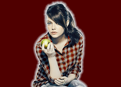 brunettes, women, Emma Stone, SNL, apples, red background - random desktop wallpaper