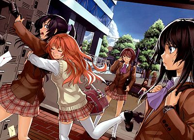 stockings, school uniforms, schoolgirls, skirts, glasses, meganekko, anime girls - random desktop wallpaper