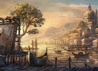 paintings, houses, swans, stairways, boats, Venice, gondolas, Anno 1404, picture frame - random desktop wallpaper