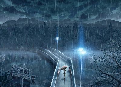 women, clouds, night, lights, rain, forests, bridges, rivers - desktop wallpaper