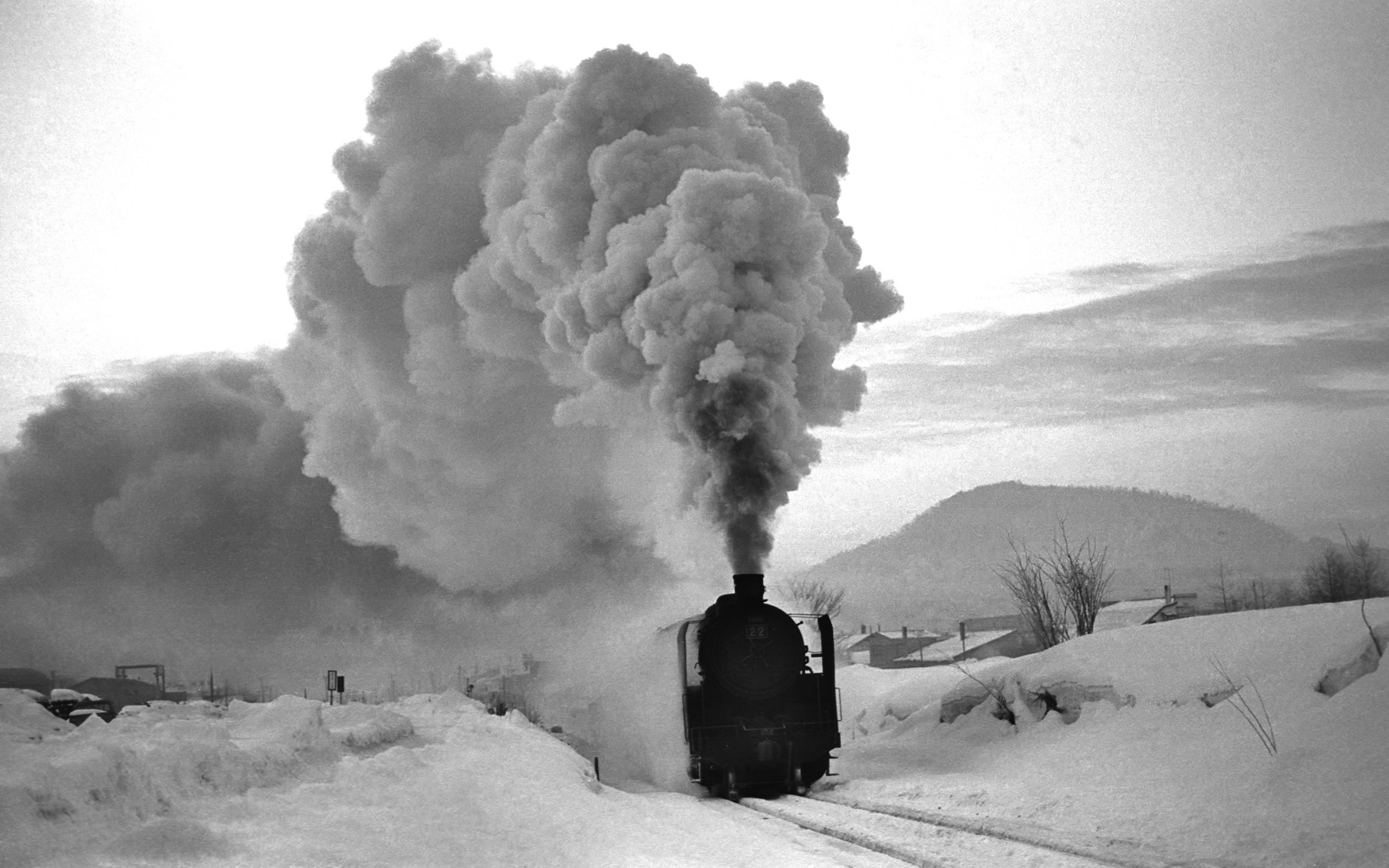 winter, trains, smoke trail - desktop wallpaper