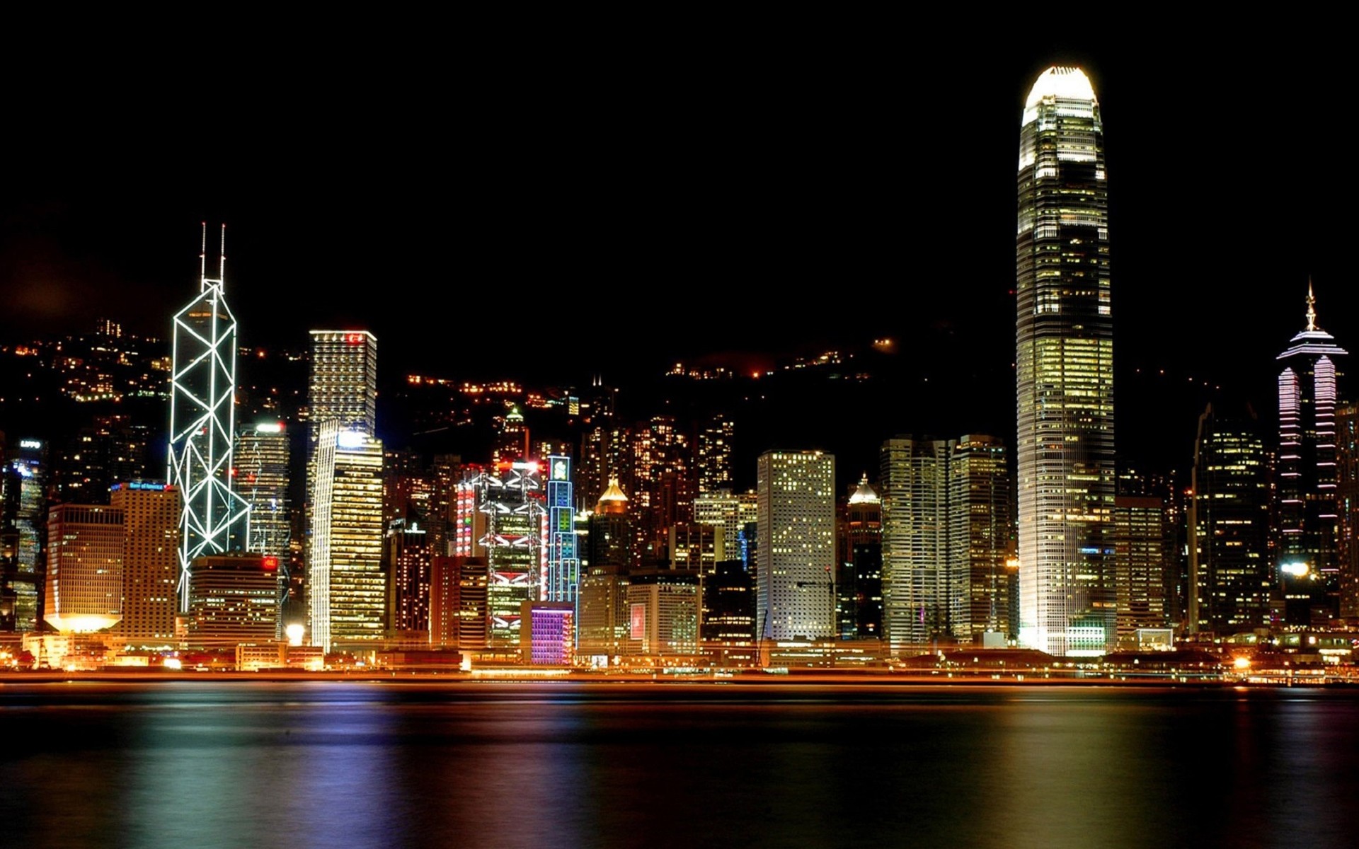 cityscapes, night, buildings, Hong Kong, reflections, cities - desktop wallpaper