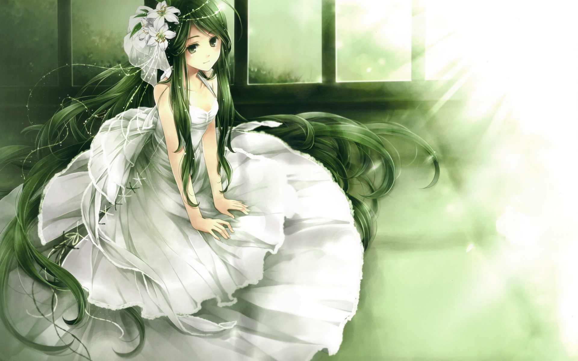 dress, flowers, long hair, green hair, white dress, anime girls - desktop wallpaper