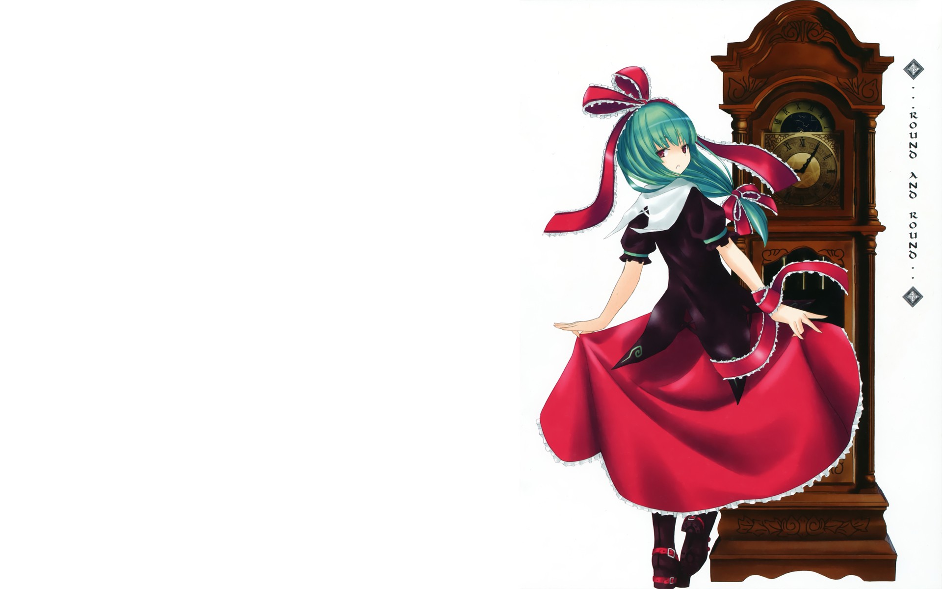 Touhou, dress, long hair, clocks, green hair, Kagiyama Hina, simple background, anime girls - desktop wallpaper