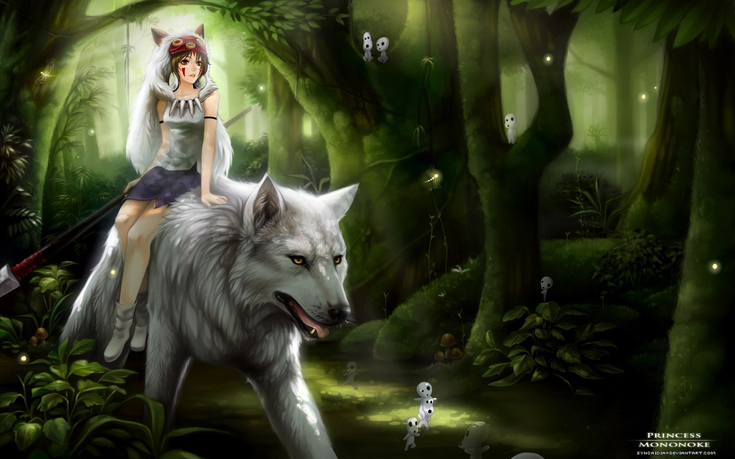 trees, Princess Mononoke, anime, Kodama, wolves, upscaled, San (Princess Mononoke) - desktop wallpaper