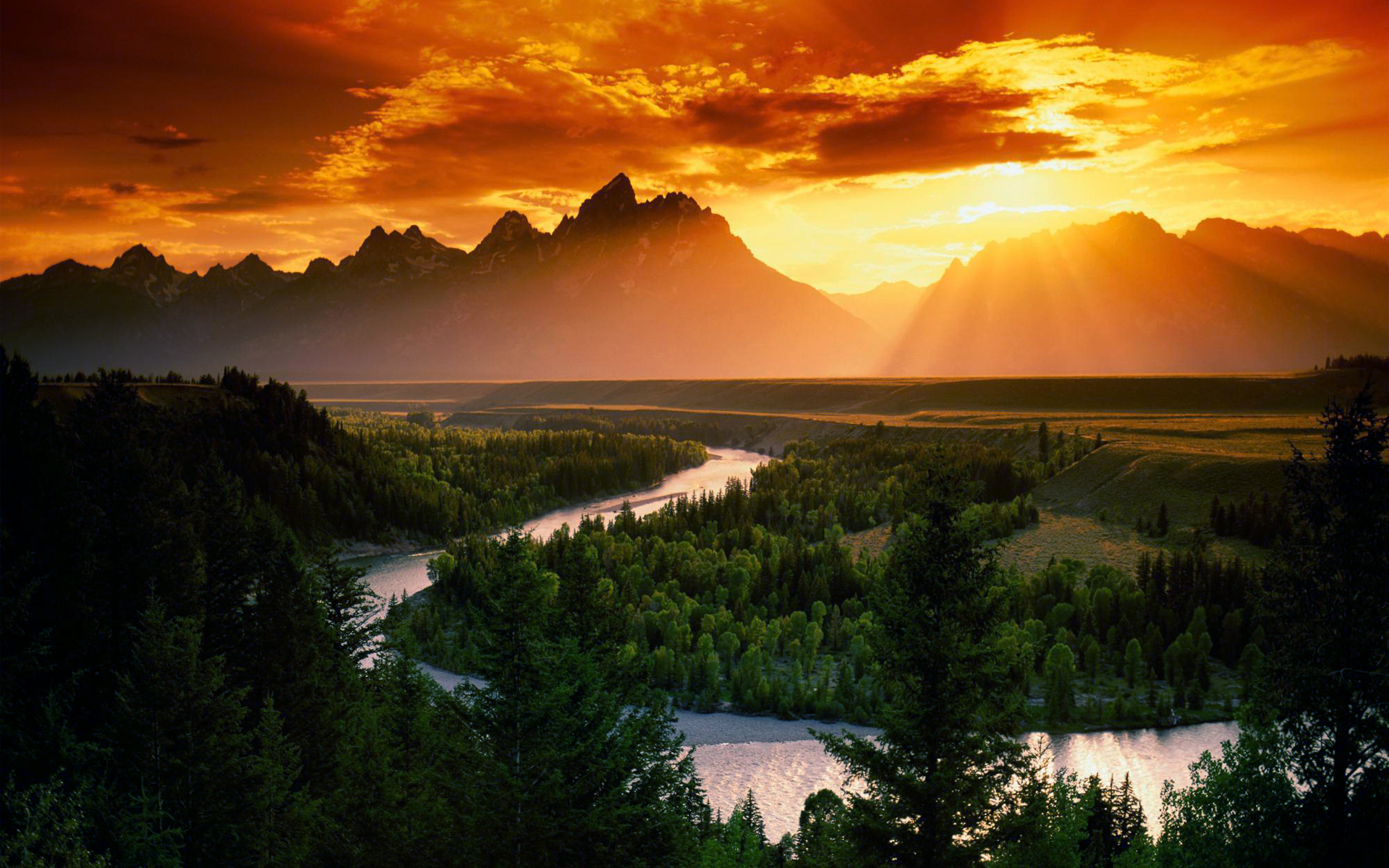 sunset, mountains, clouds, landscapes, Sun, forests, rivers, skyscapes - desktop wallpaper