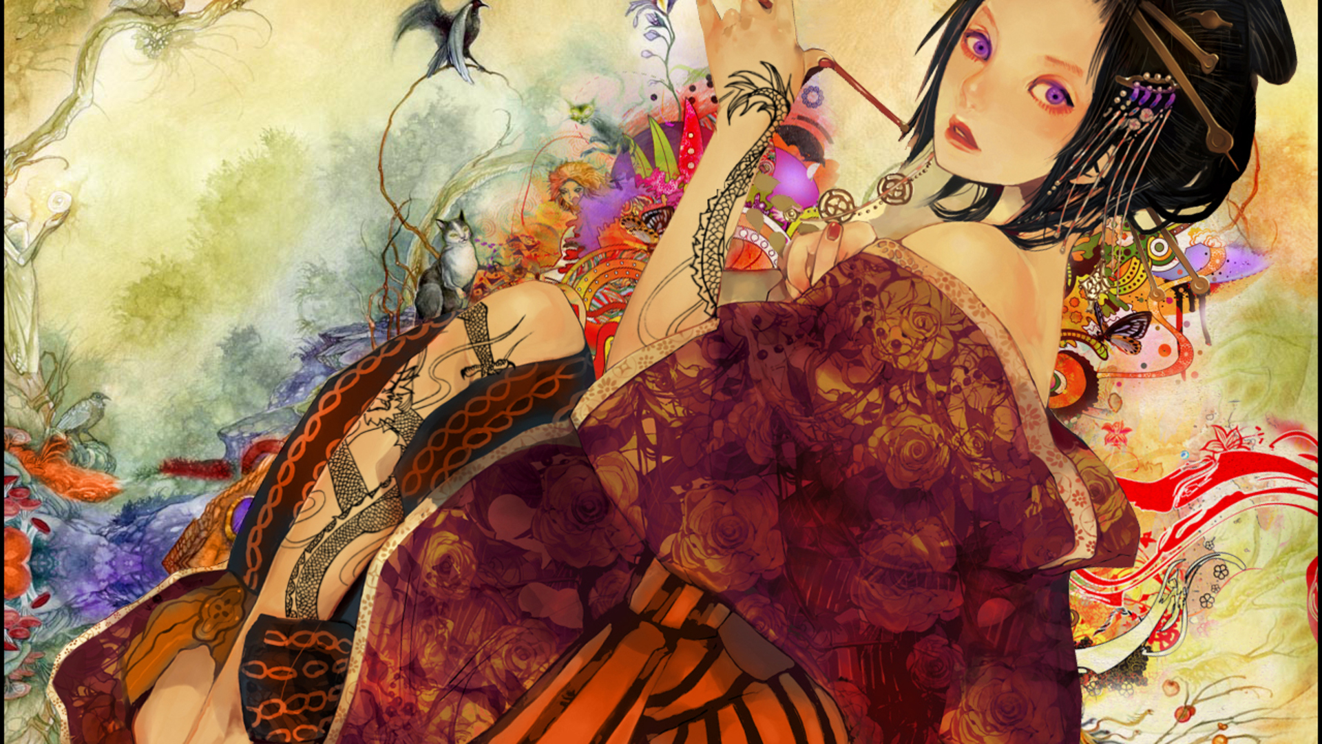 tattoos, geisha, purple eyes, Japanese clothes, black hair, bare shoulders - desktop wallpaper
