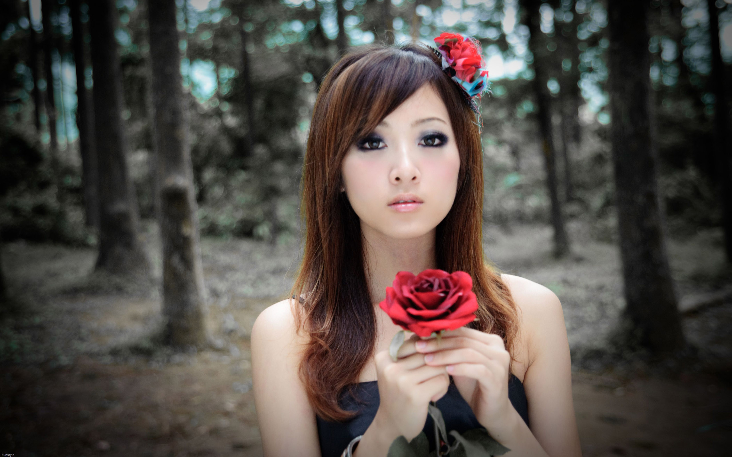 brunettes, women, trees, Asians, Taiwan, roses, Mikako Zhang Kaijie - desktop wallpaper