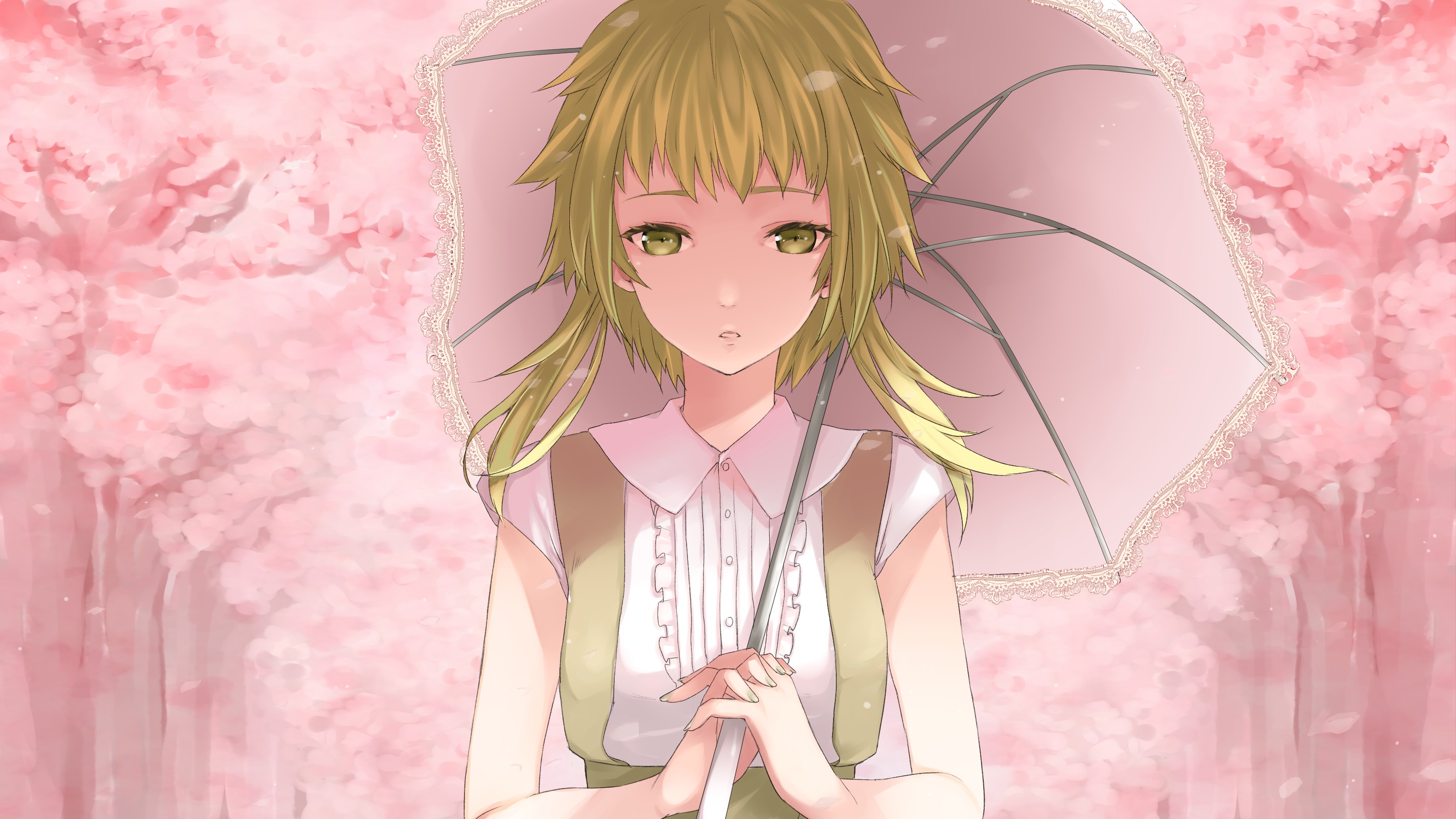 cherry blossoms, Vocaloid, green hair, yellow eyes, Megpoid Gumi, umbrellas, anime girls - desktop wallpaper