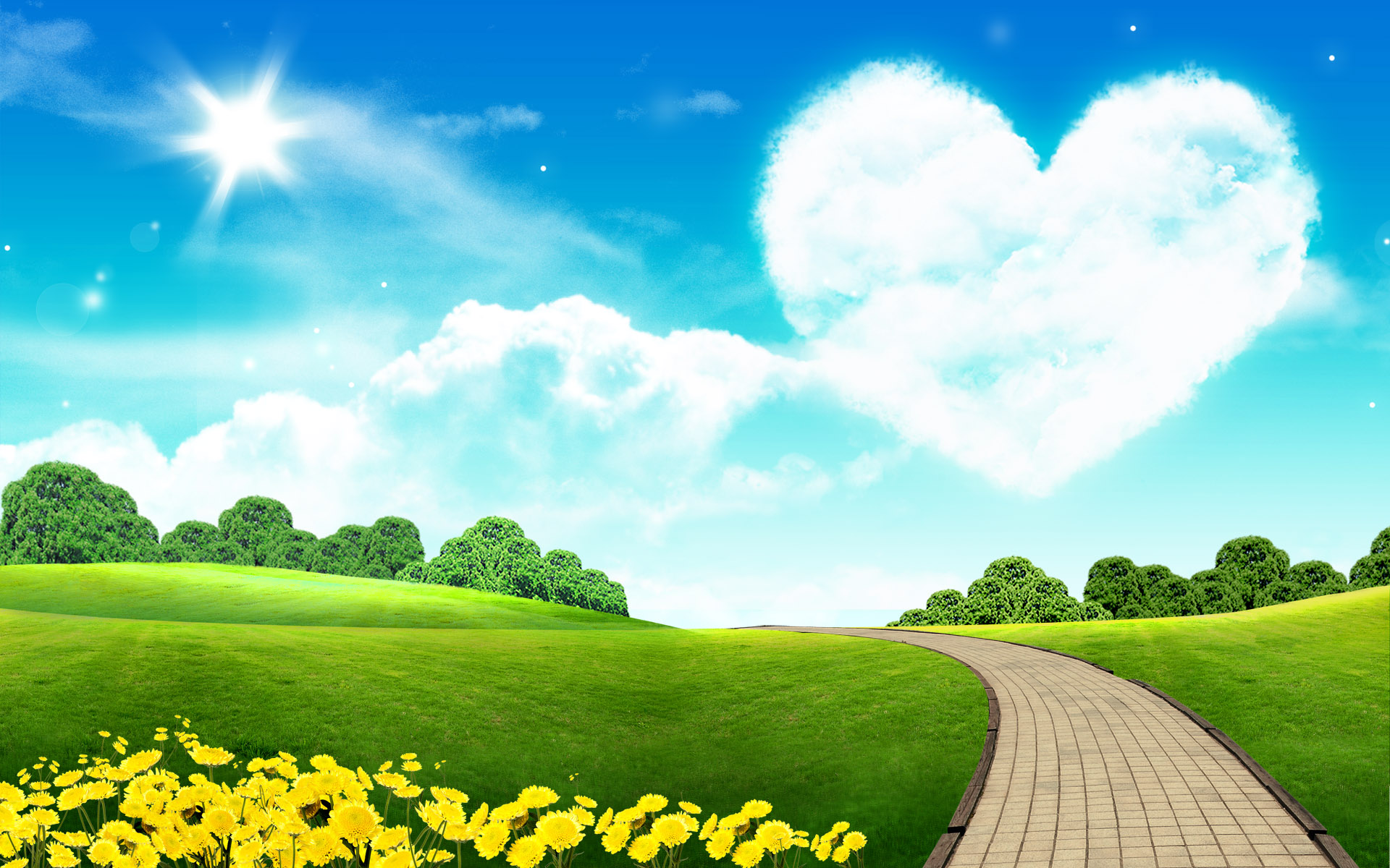 green, Sun, yellow, grass, roads, bricks, hearts - desktop wallpaper