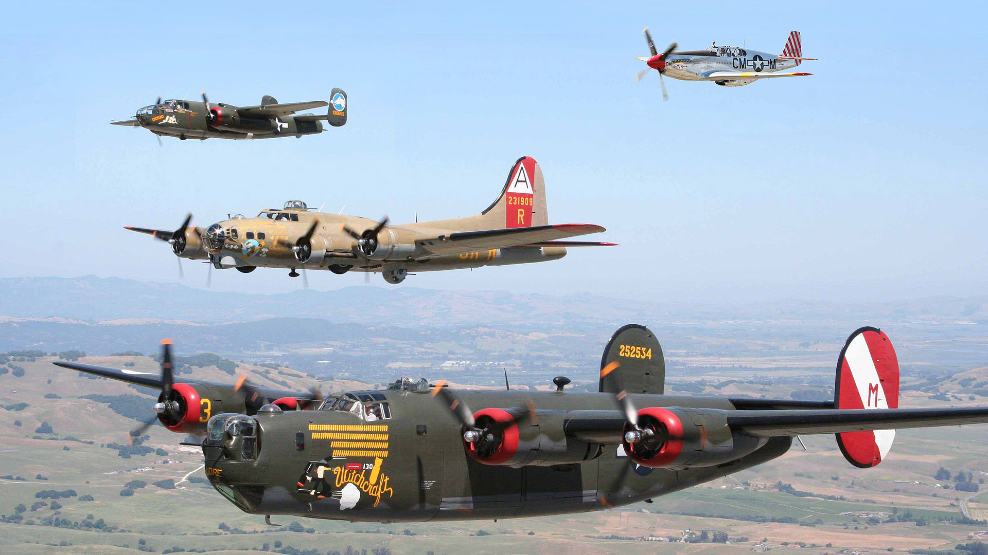 aircraft, B-17 Flying Fortress, B-25 Mitchell, B-24 Liberator, P-51 Mustang - desktop wallpaper