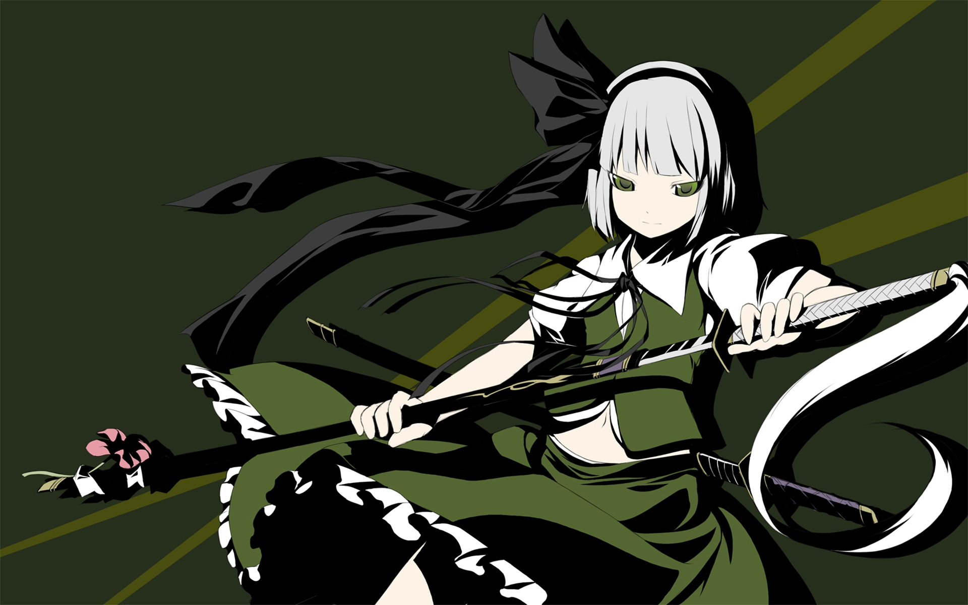 Touhou, dress, katana, green eyes, Konpaku Youmu, white hair, anime girls, games - desktop wallpaper