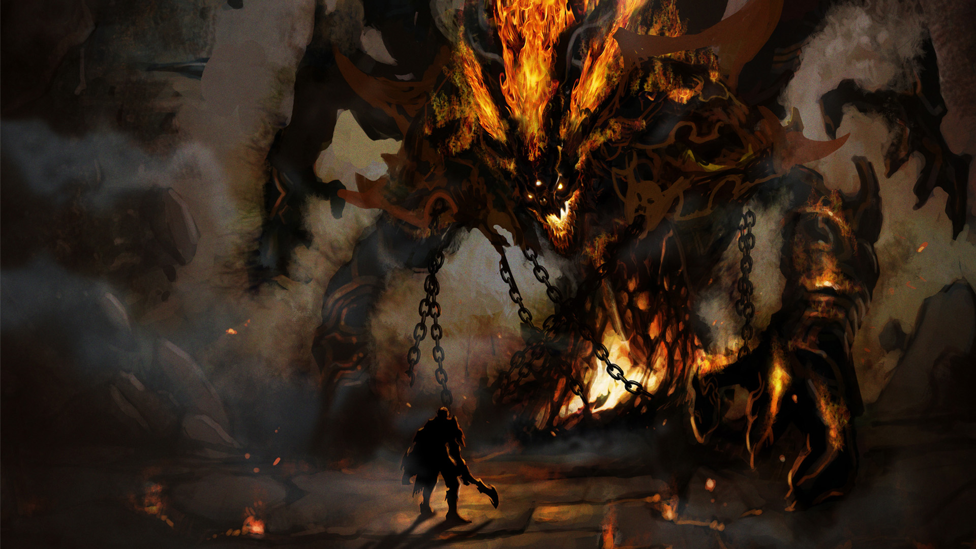 monsters, knights, fire, demons, Hell, boss, fantasy art, colossus, artwork, templar - desktop wallpaper