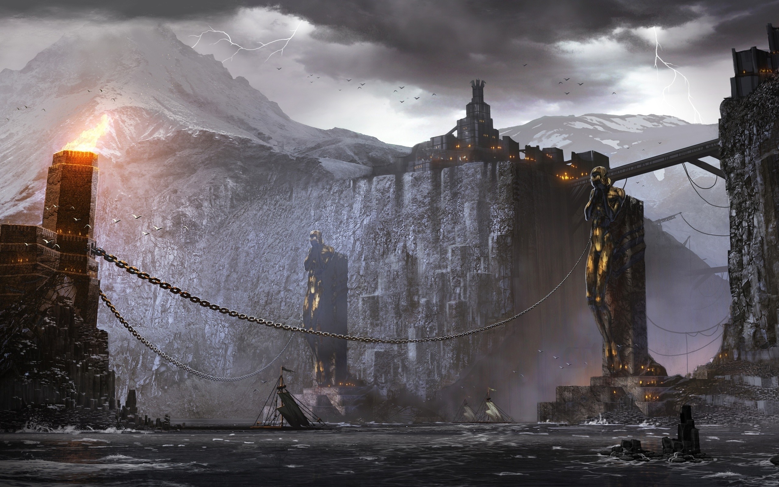 fantasy, video games, castles, ships, Dragon Age, artwork, Dragon Age 2, chains, lightning - desktop wallpaper