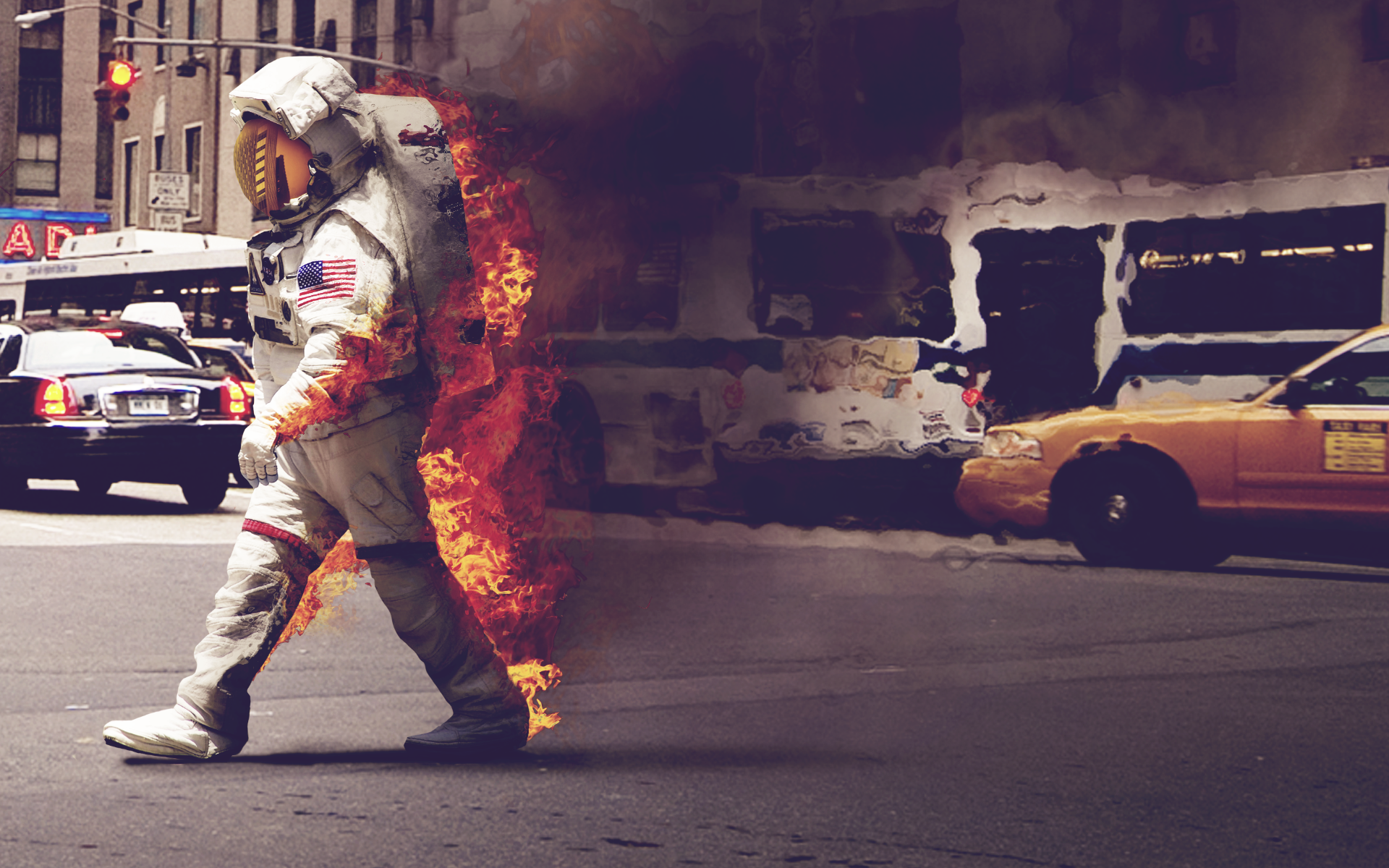 fire, riots, astronauts - desktop wallpaper