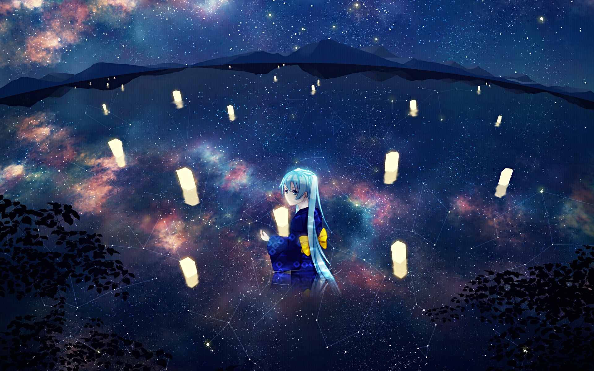 water, landscapes, Vocaloid, night, stars, Hatsune Miku, long hair, kimono, twintails, scenic, aqua eyes, aqua hair, candles, skyscapes, reflections, Japanese clothes - desktop wallpaper