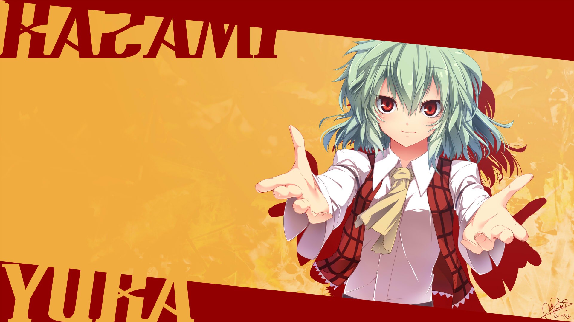 Touhou, red eyes, green hair, smiling, Kazami Yuuka, anime girls - desktop wallpaper