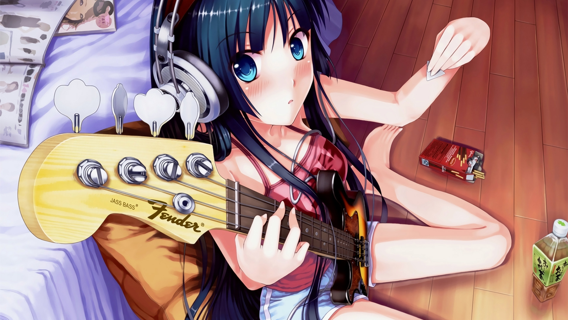headphones, K-ON!, blue eyes, guitars, Akiyama Mio, shorts, anime girls, guitarists, guitar picks - desktop wallpaper