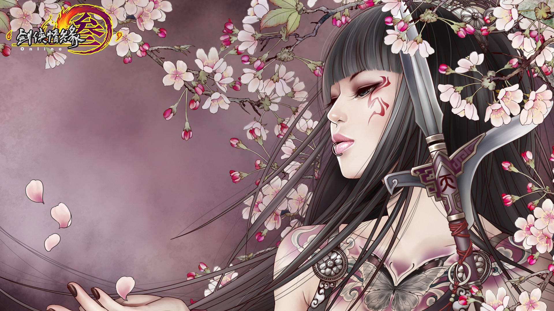 brunettes, tattoos, flowers, anime, spears, flower petals, anime girls - desktop wallpaper