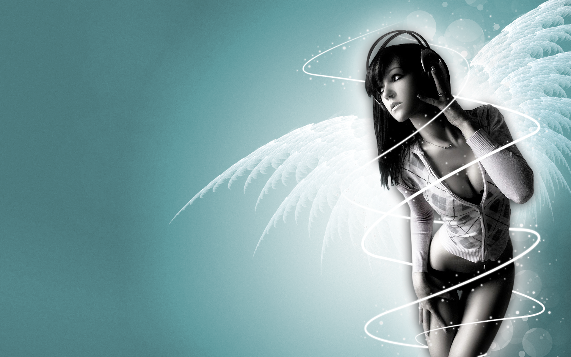 headphones, angels, women, wings, music, cleavage, Aleksandra Wydrych, blue background - desktop wallpaper