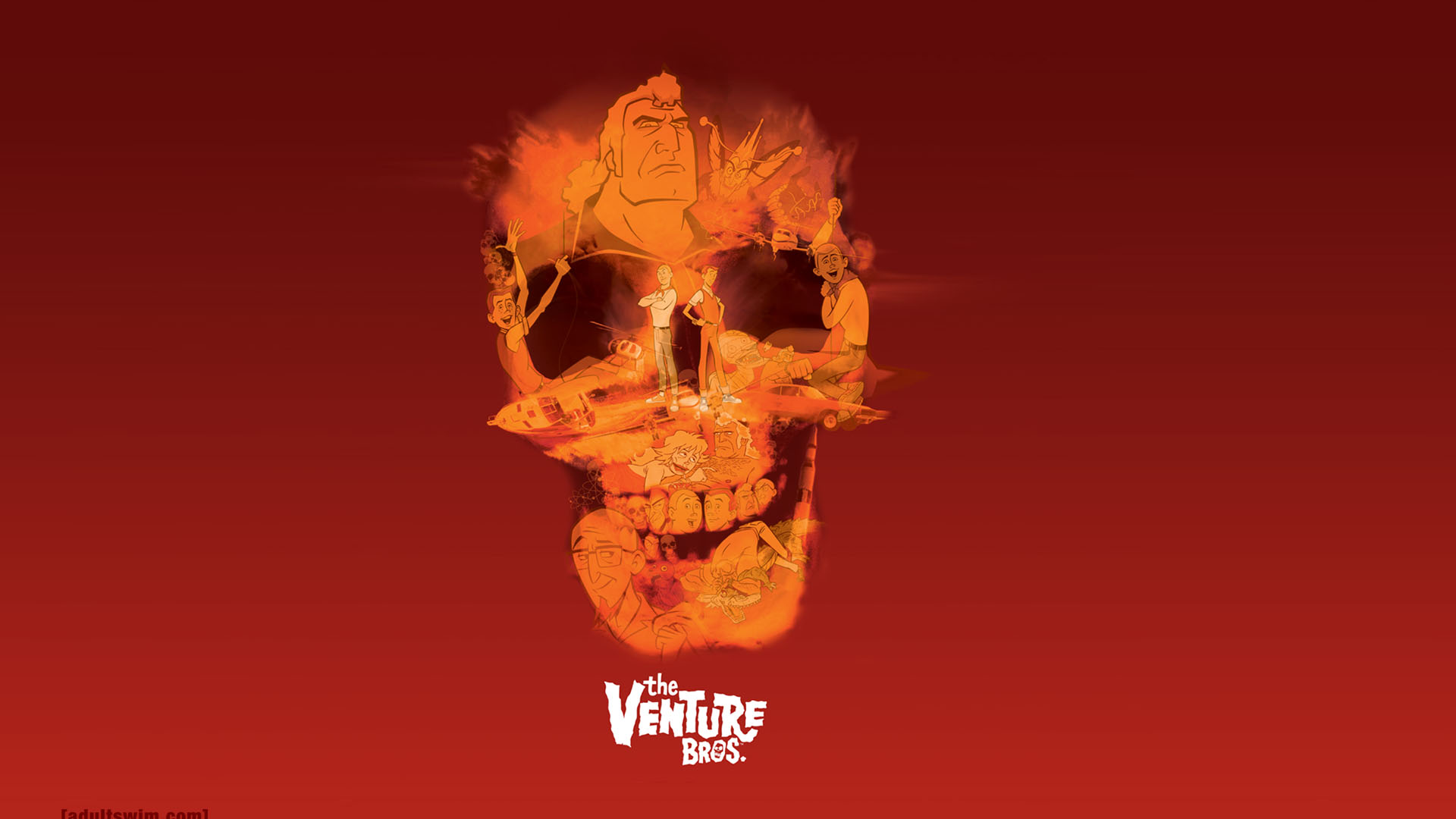 skulls, The Venture Bros., animation, red background, Hank Venture, Dean Venture, Brock Samson, Dr. Venture - desktop wallpaper