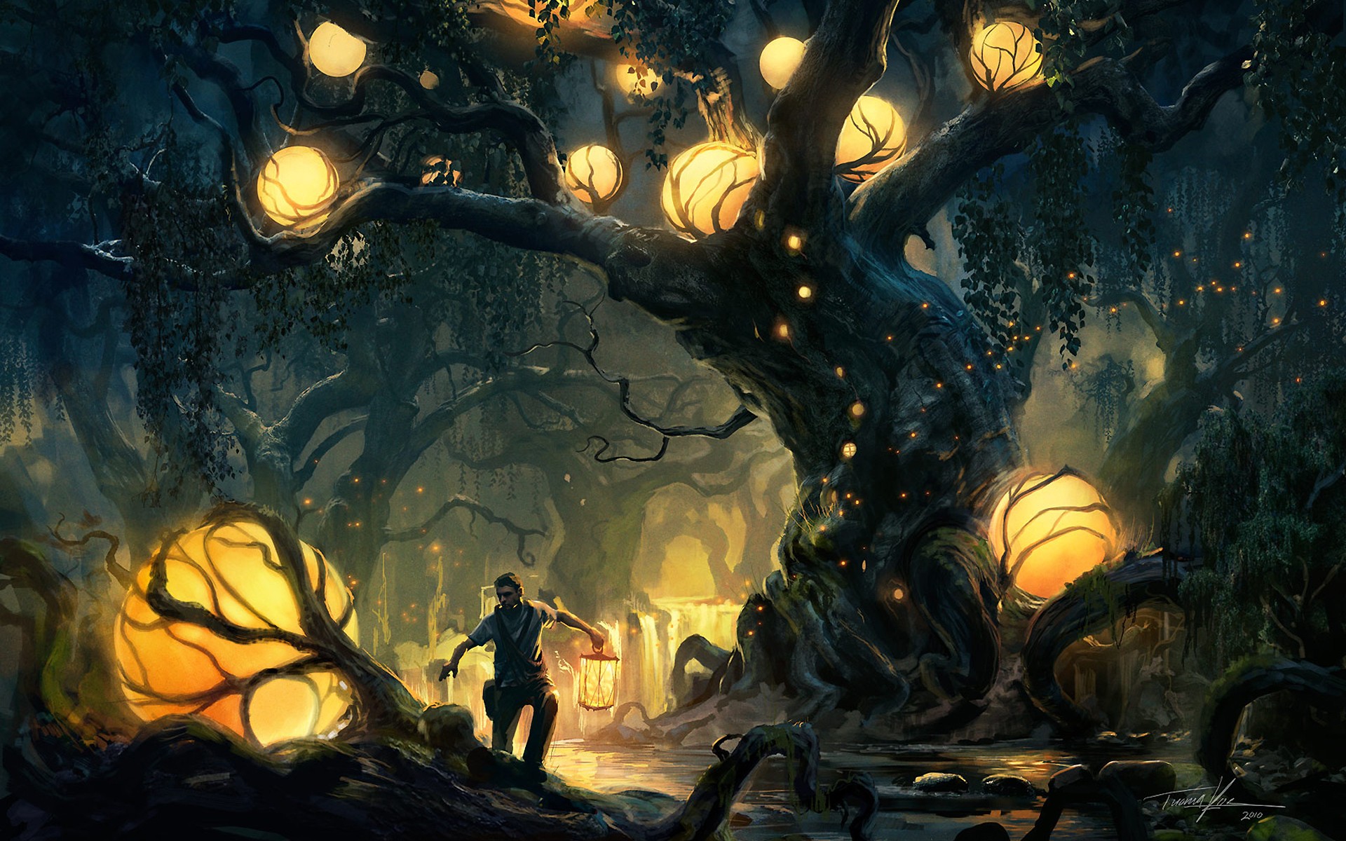 trees, lights, forests, fantasy art - desktop wallpaper