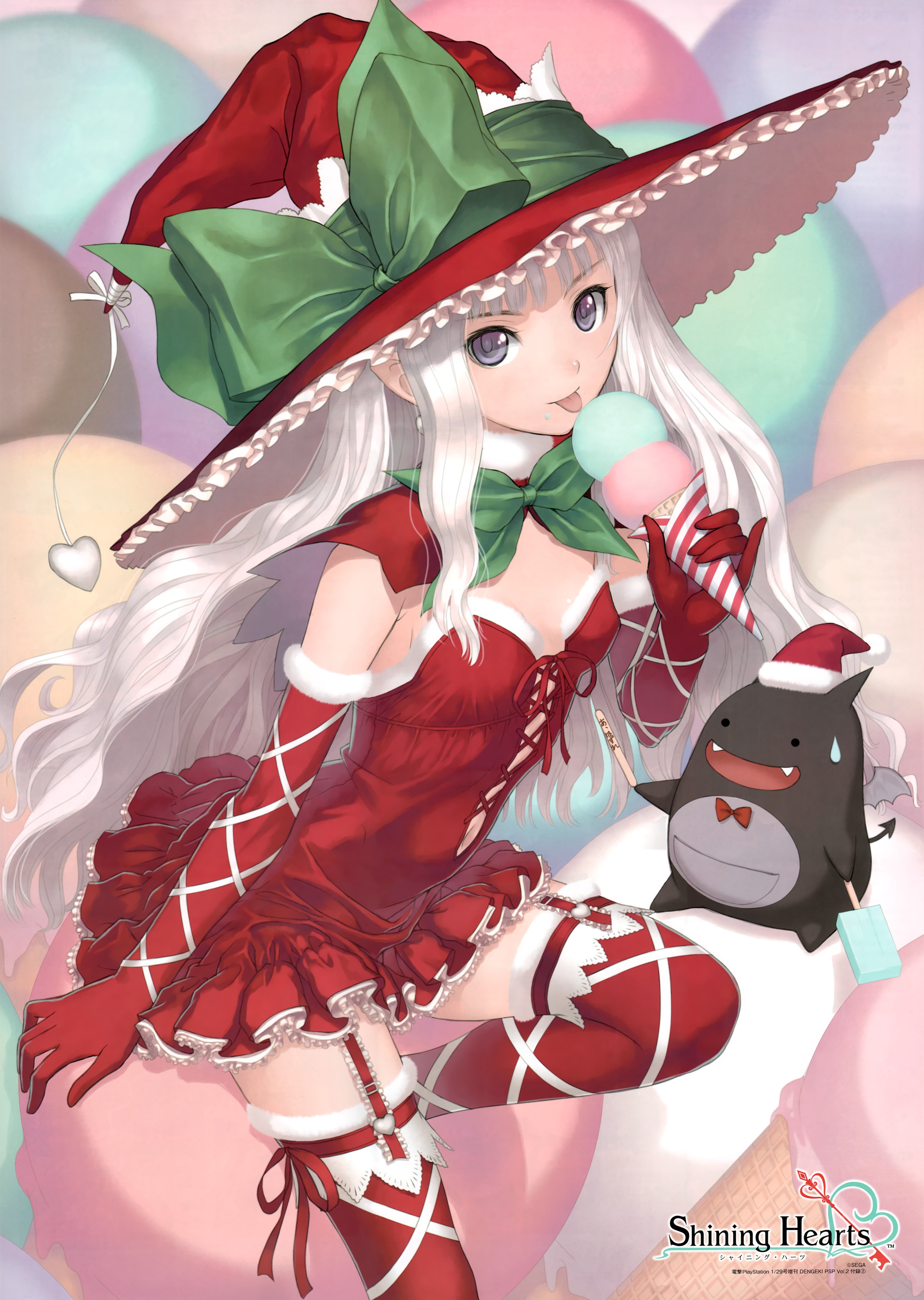 video games, Tony Taka, gloves, dress, ice cream, long hair, tongue, Christmas, thigh highs, red dress, hearts, white hair, purple eyes, Christmas outfits, popsicles, Shining Hearts, vertical, hats, anime girls, witches, Melty, Sorbe, Shining World, Shini - desktop wallpaper