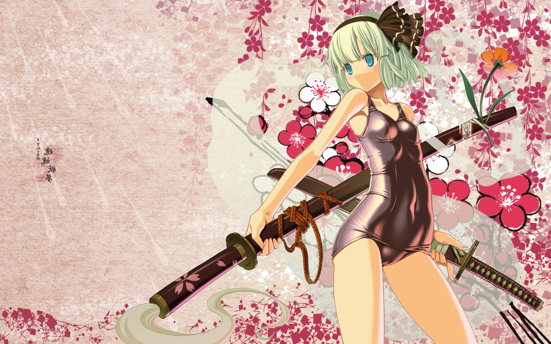 video games, Touhou, weapons, Konpaku Youmu, school swimsuits, Sakuya Tsuitachi (Artist) - desktop wallpaper