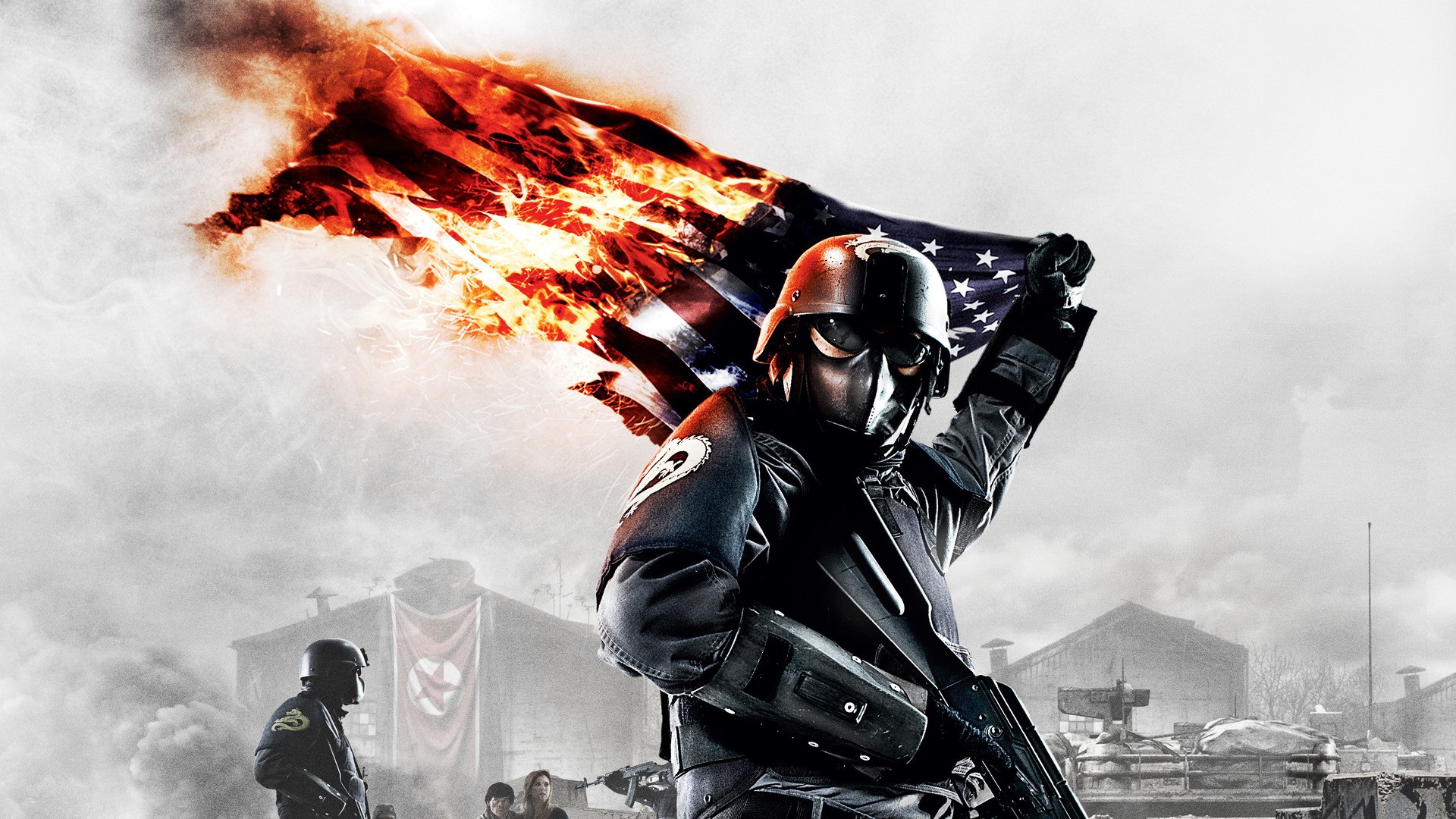 soldiers, video games, fire, helmet, flags, Homefront - desktop wallpaper