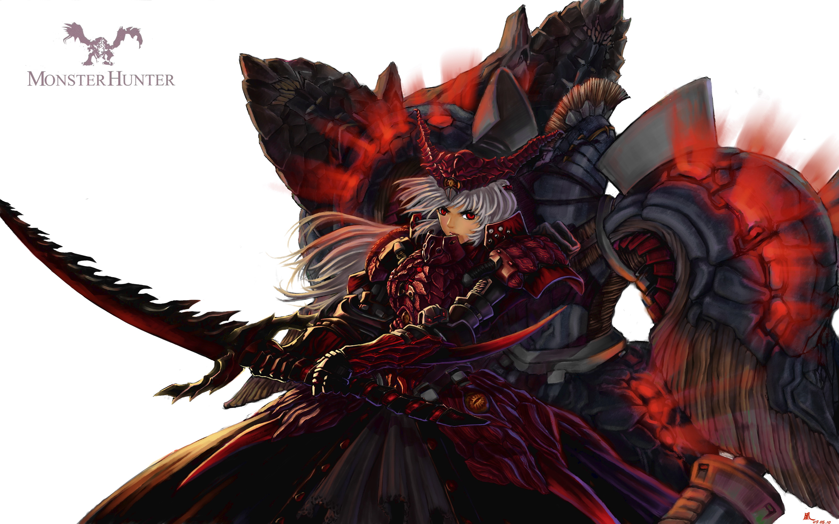 fantasy, video games, weapons, Monster Hunter, armor, red eyes, artwork, anime girls, swords - desktop wallpaper