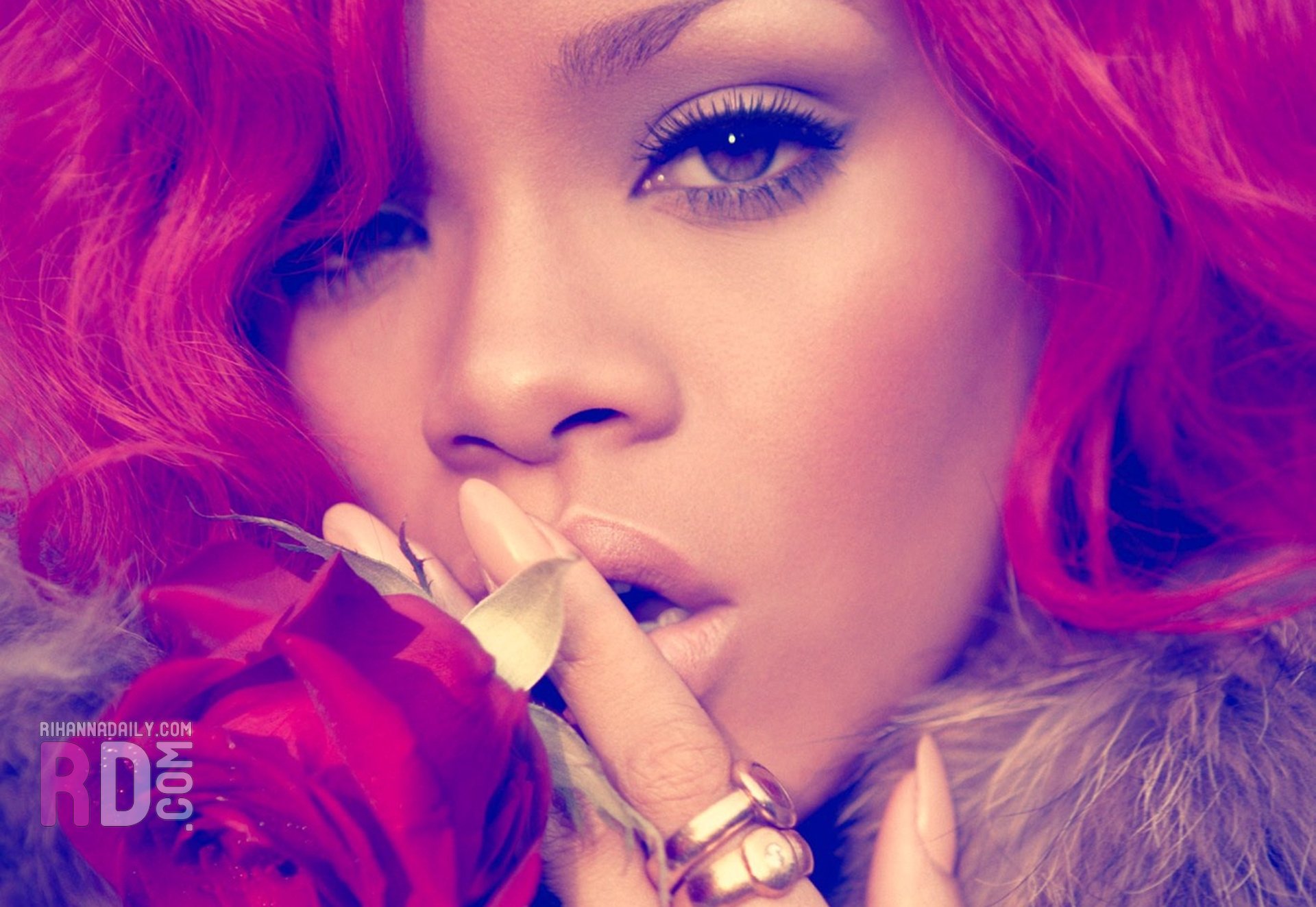 women, Rihanna, pink hair, singers, faces - desktop wallpaper