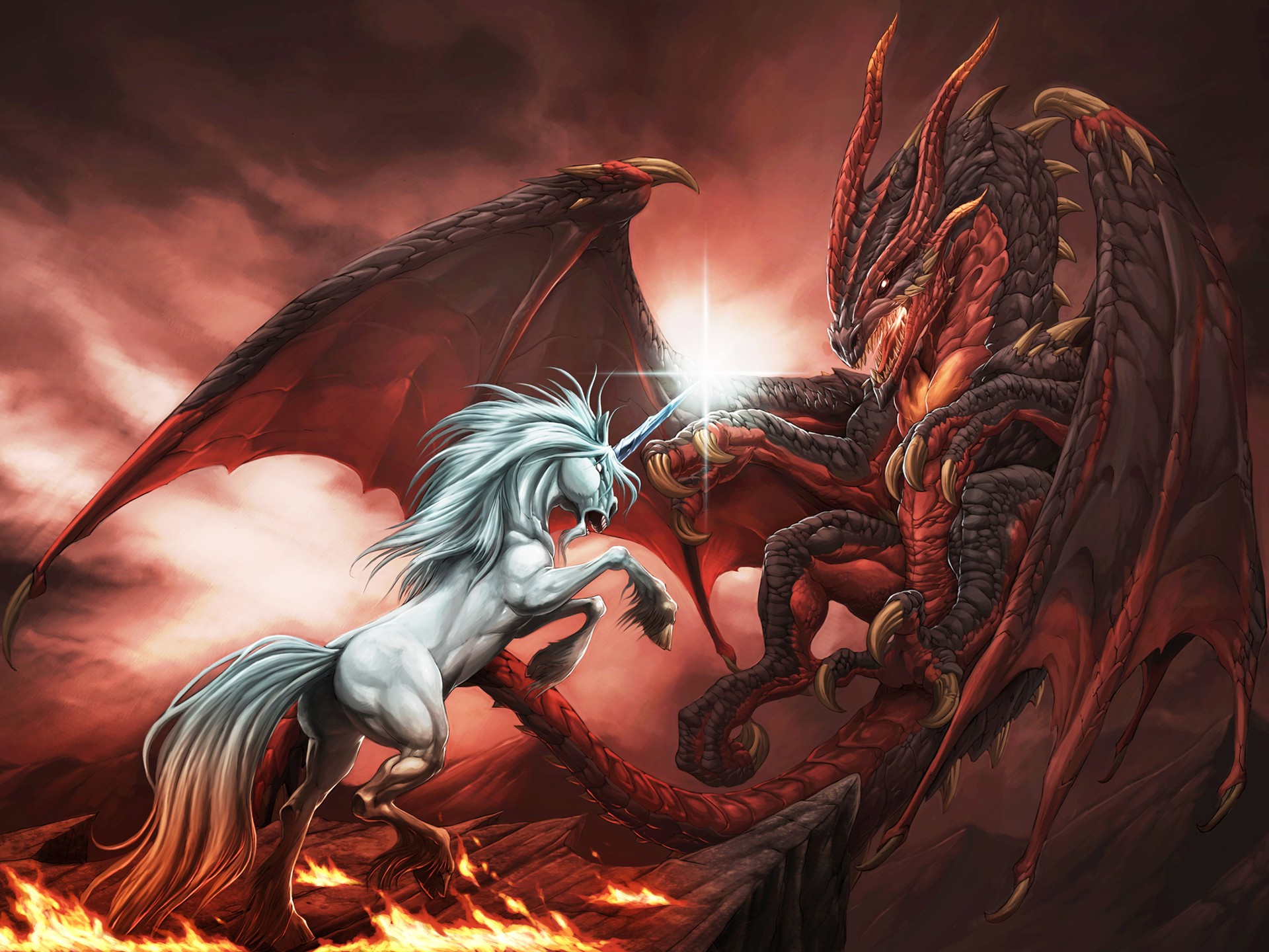 dragons, unicorns, 3D - desktop wallpaper
